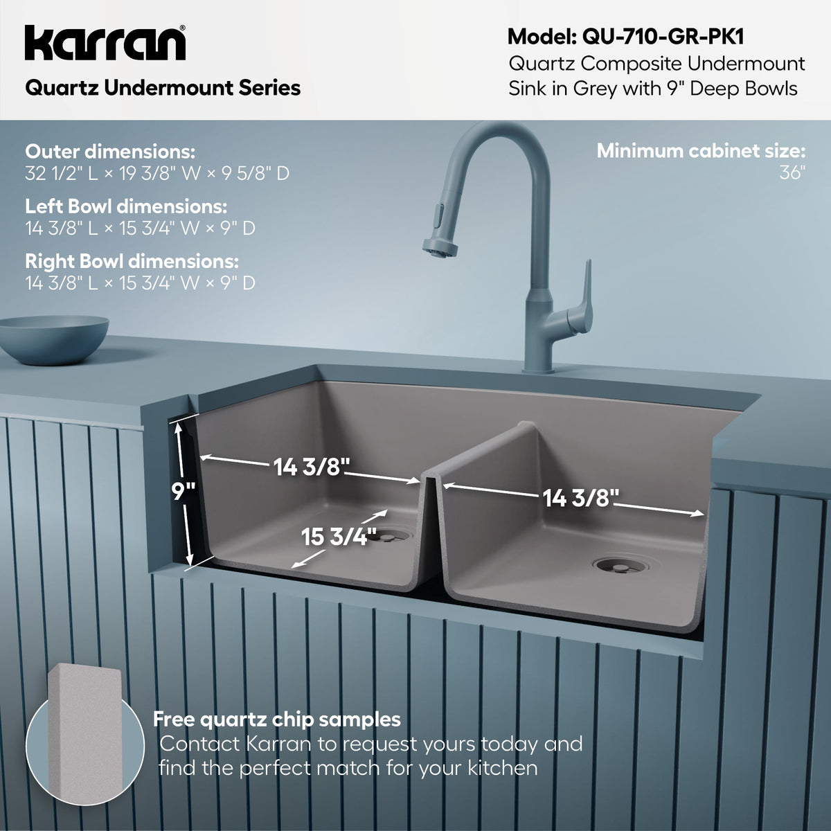32-1/2" Undermount Double Equal Bowl Quartz Composite Kitchen Sink Kit In Grey