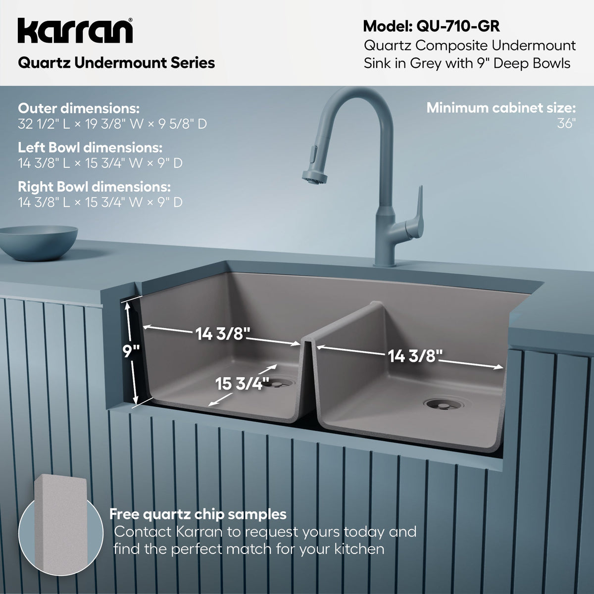 32-1/2" Undermount Double Equal Bowl Quartz Composite Kitchen Sink In Grey