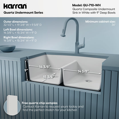 32-1/2" Undermount Double Equal Bowl Quartz Composite Kitchen Sink In White