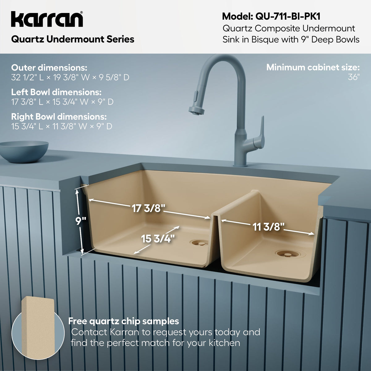 32-1/2" Undermount Double Offset Bowl Quartz Composite Kitchen Sink Kit In Bisque