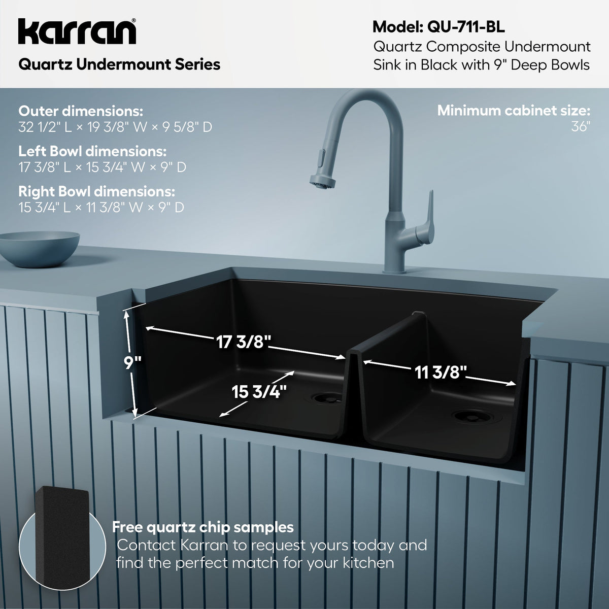 32-1/2" Undermount Double Offset Bowl Quartz Composite Kitchen Sink In Black