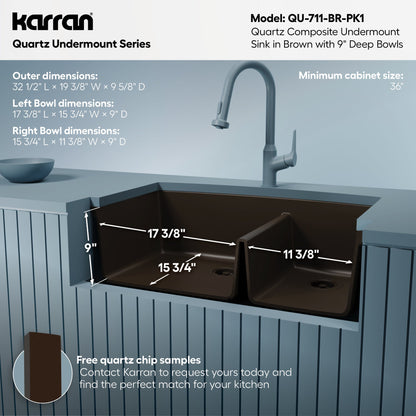 32-1/2" Undermount Double Offset Bowl Quartz Composite Kitchen Sink Kit In Brown