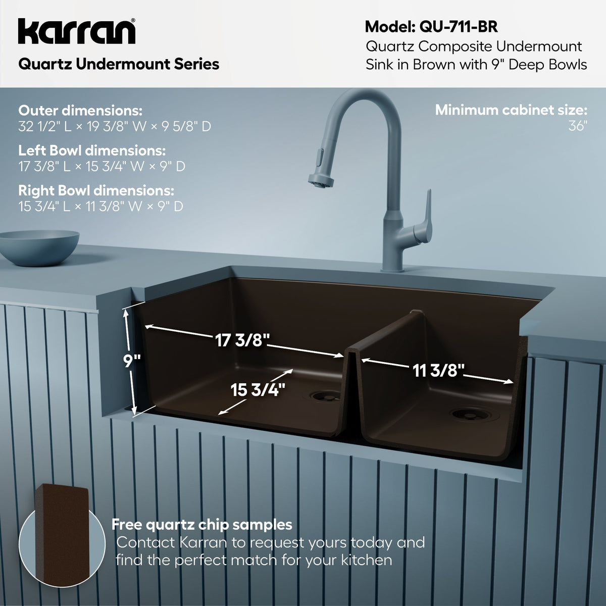 32-1/2" Undermount Double Offset Bowl Quartz Composite Kitchen Sink In Brown
