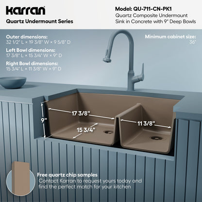 32-1/2" Undermount Double Offset Bowl Quartz Composite Kitchen Sink Kit In Concrete