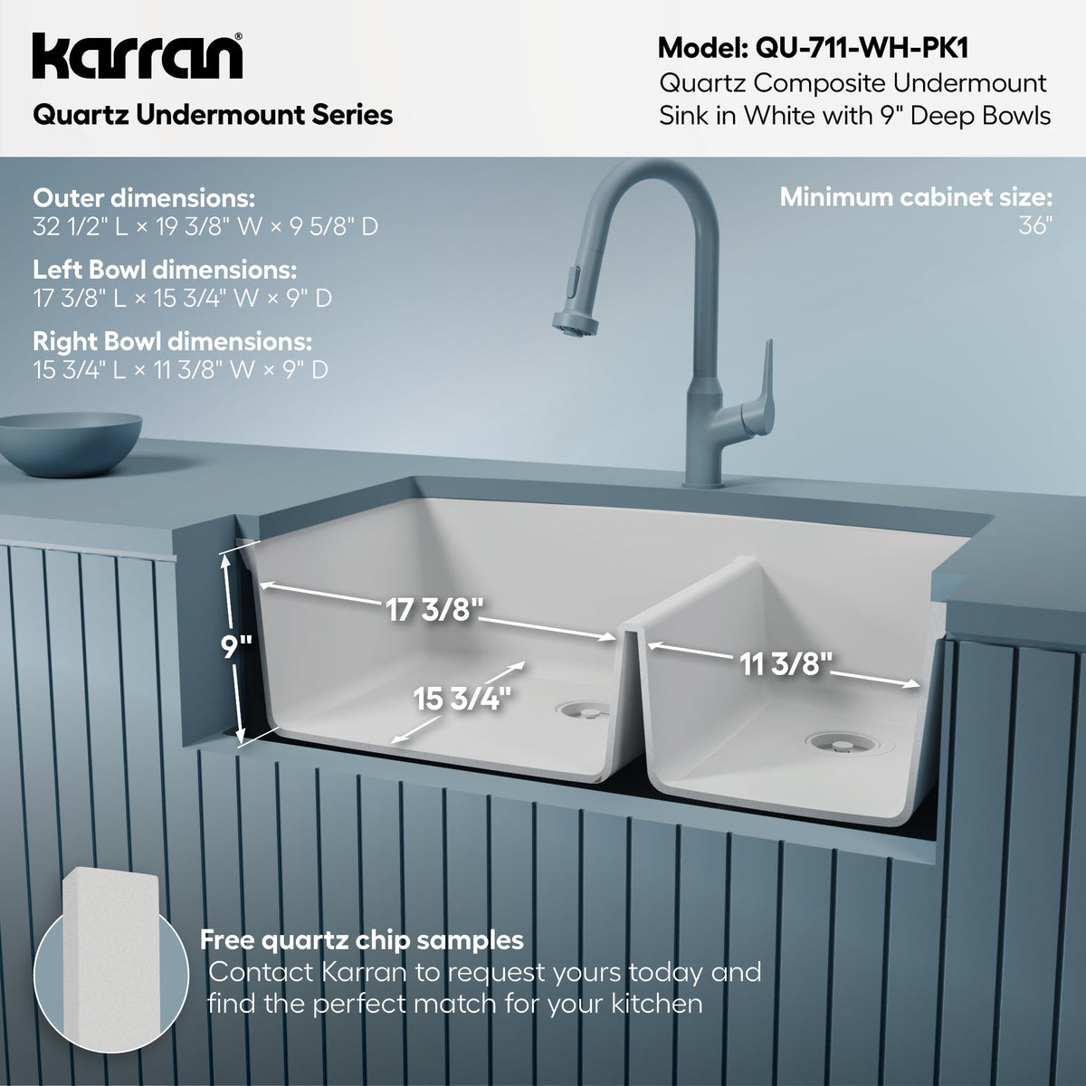 32-1/2" Undermount Double Offset Bowl Quartz Composite Kitchen Sink Kit In White