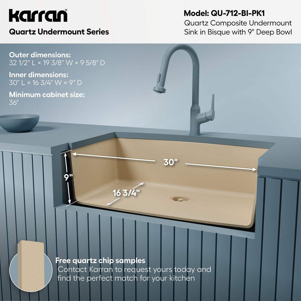 32-1/2" Undermount Large Single Bowl Quartz Composite Kitchen Sink Kit In Bisque