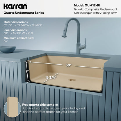 32-1/2" Undermount Large Single Bowl Quartz Composite Kitchen Sink In Bisque