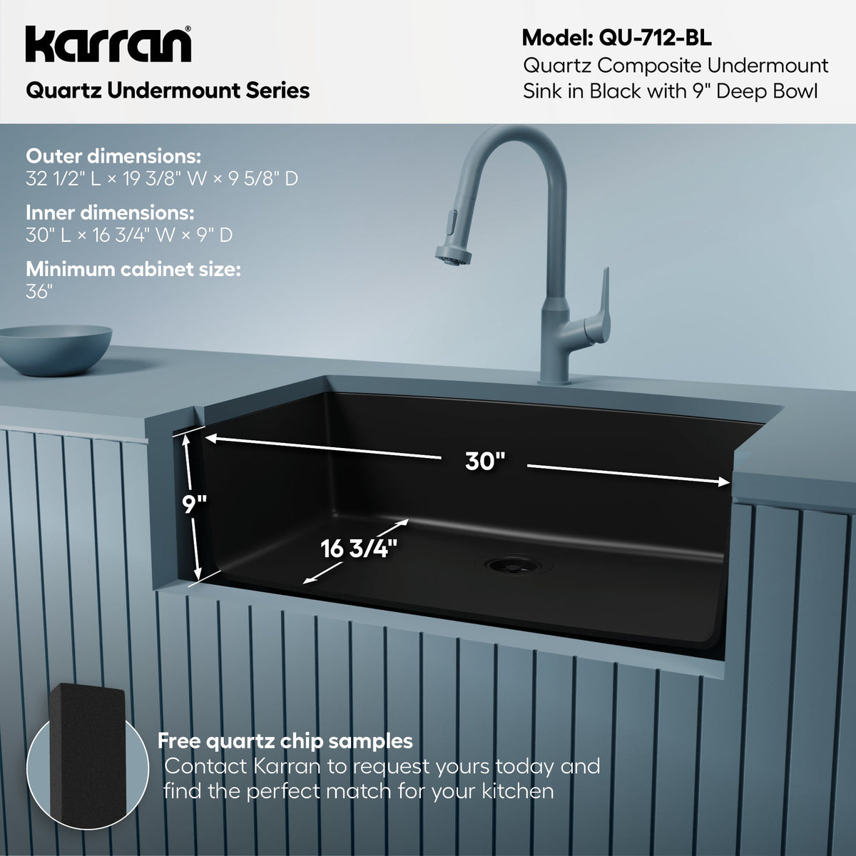 32-1/2" Undermount Large Single Bowl Quartz Composite Kitchen Sink In Black