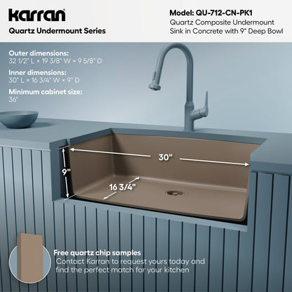 32-1/2" Undermount Large Single Bowl Quartz Composite Kitchen Sink Kit In Concrete