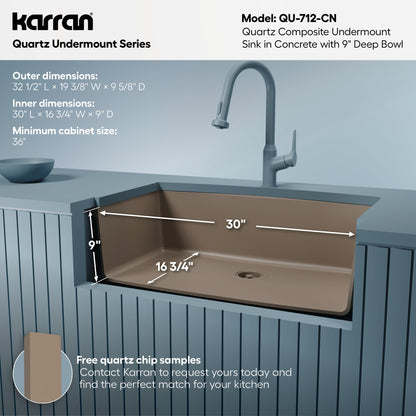 32-1/2" Undermount Large Single Bowl Quartz Composite Kitchen Sink In Concrete