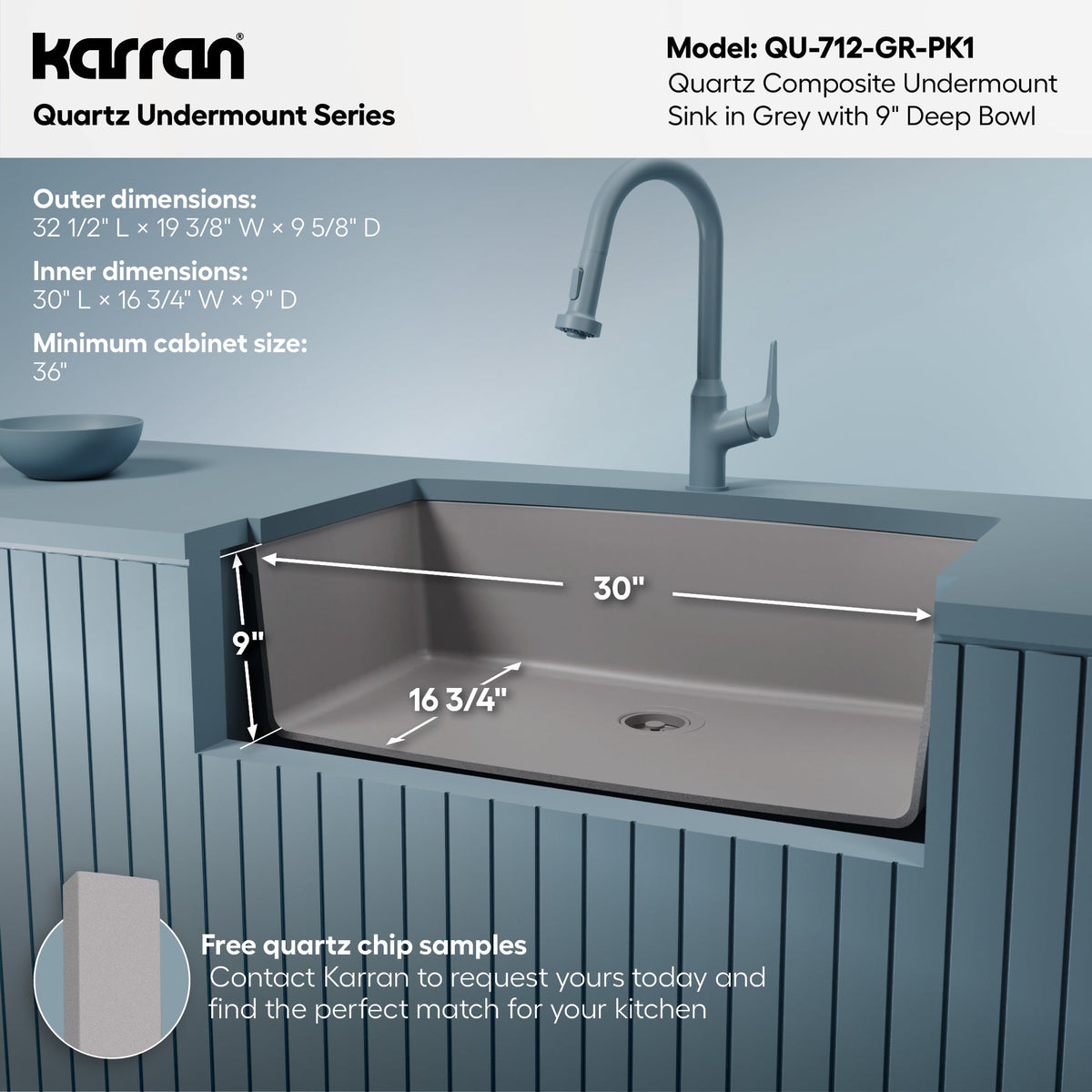 32-1/2" Undermount Large Single Bowl Quartz Composite Kitchen Sink Kit In Grey