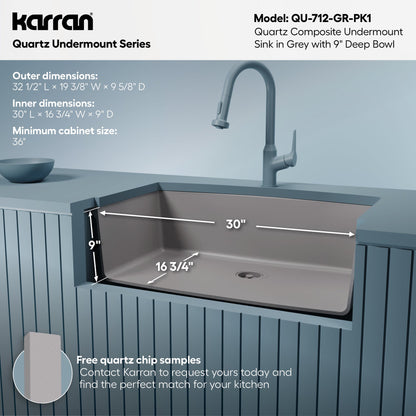 32-1/2" Undermount Large Single Bowl Quartz Composite Kitchen Sink Kit In Grey