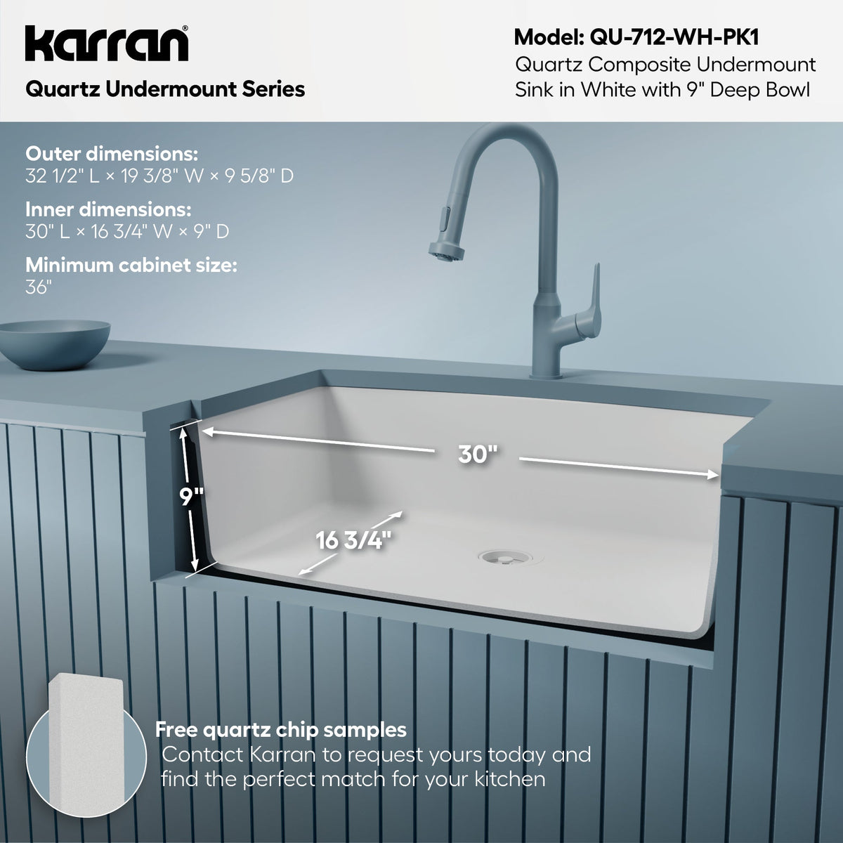 32-1/2" Undermount Large Single Bowl Quartz Composite Kitchen Sink Kit In White