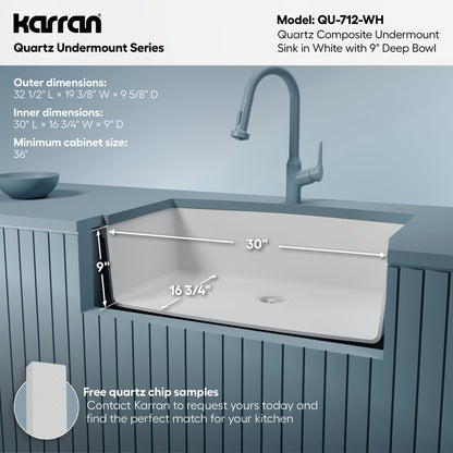 32-1/2" Undermount Large Single Bowl Quartz Composite Kitchen Sink In White