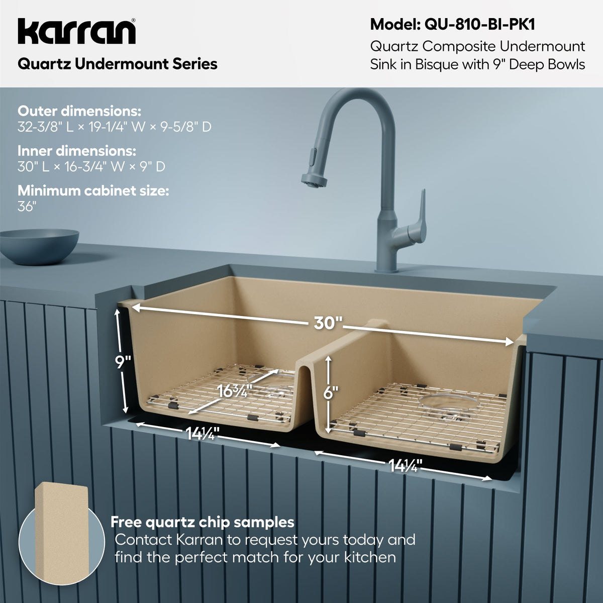 32-3/8" Undermount Double Equal Bowl Quartz Composite Kitchen Sink Kit In Bisque