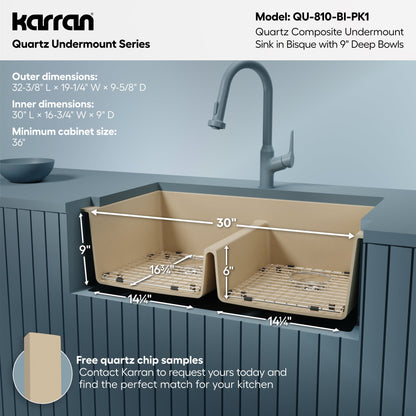 32-3/8" Undermount Double Equal Bowl Quartz Composite Kitchen Sink Kit In Bisque