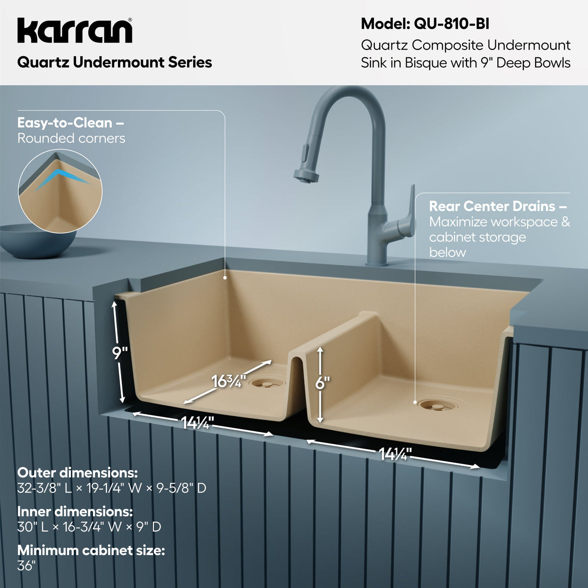 32-3/8" Undermount Double Equal Bowl Quartz Composite Kitchen Sink In Bisque