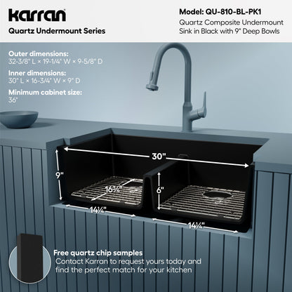 32-3/8" Undermount Double Equal Bowl Quartz Composite Kitchen Sink Kit In Black