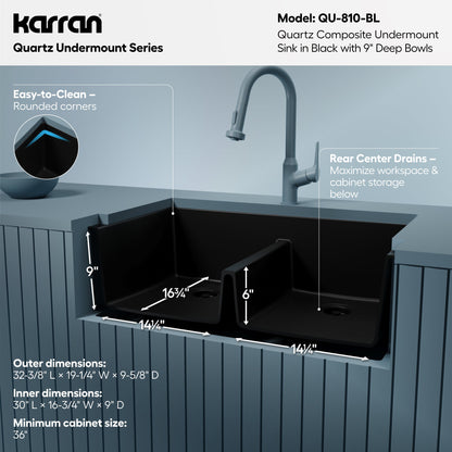 32-3/8" Undermount Double Equal Bowl Quartz Composite Kitchen Sink In Black