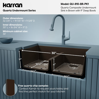32-3/8" Undermount Double Equal Bowl Quartz Composite Kitchen Sink Kit In Brown