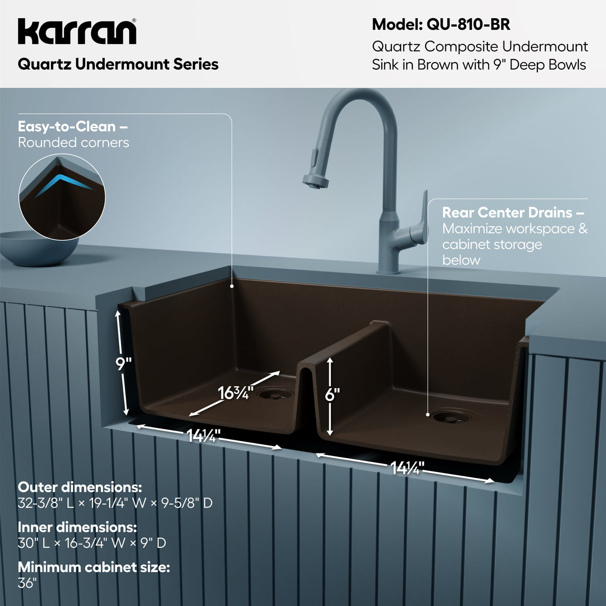 32-3/8" Undermount Double Equal Bowl Quartz Composite Kitchen Sink In Brown