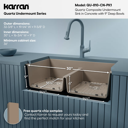 32-3/8" Undermount Double Equal Bowl Quartz Composite Kitchen Sink Kit In Concrete