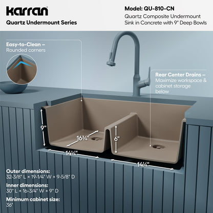 32-3/8" Undermount Double Equal Bowl Quartz Composite Kitchen Sink In Concrete