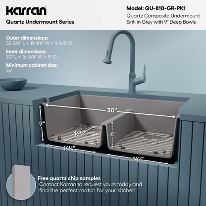 32-3/8" Undermount Double Equal Bowl Quartz Composite Kitchen Sink Kit In Grey