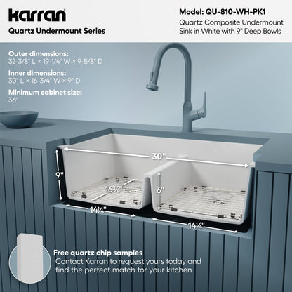 32-3/8" Undermount Double Equal Bowl Quartz Composite Kitchen Sink Kit In White