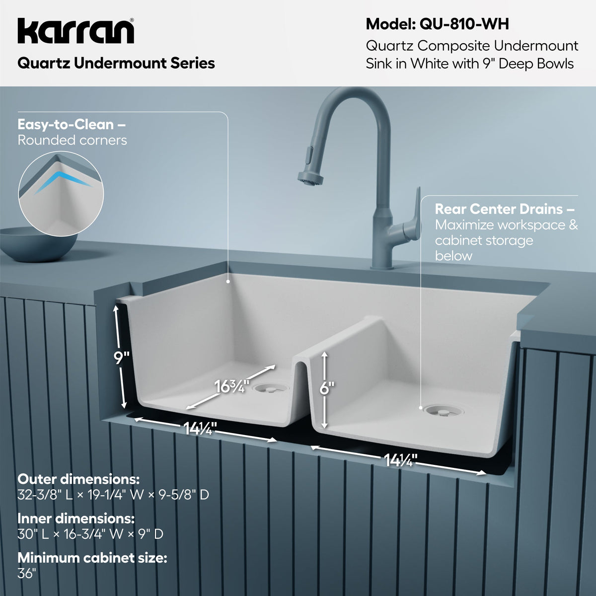 32-3/8" Undermount Double Equal Bowl Quartz Composite Kitchen Sink In White