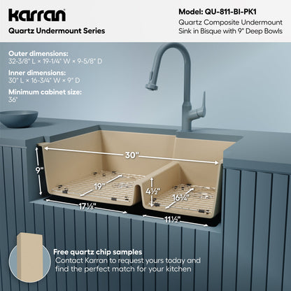 32" Undermount Double Offset Bowl Quartz Composite Kitchen Sink Kit In Bisque