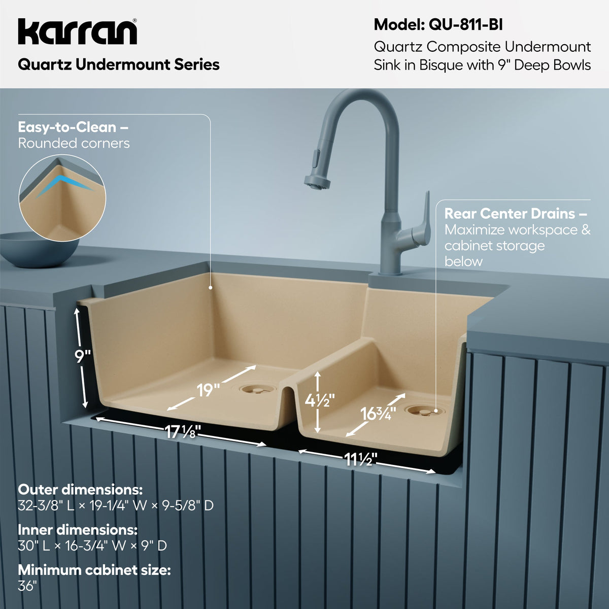 32-1/4" Undermount Double Offset Bowl Quartz Composite Kitchen Sink In Bisque