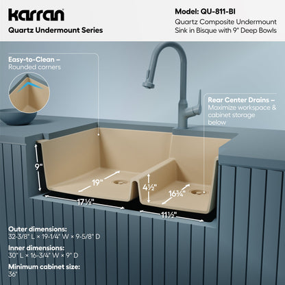 32-1/4" Undermount Double Offset Bowl Quartz Composite Kitchen Sink In Bisque