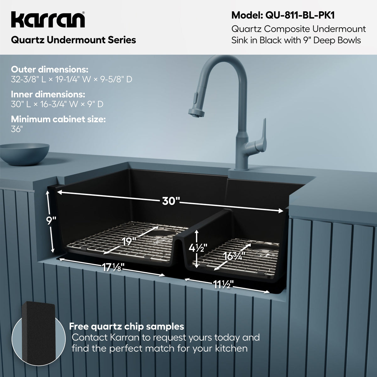 32" Undermount Double Offset Bowl Quartz Composite Kitchen Sink Kit In Black