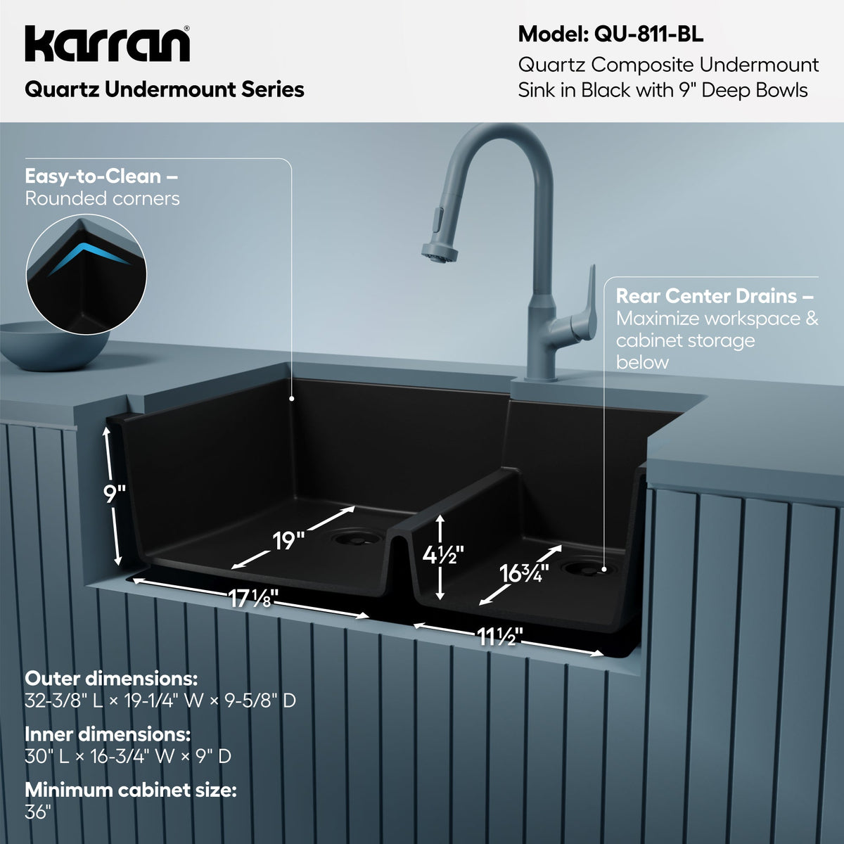 32-1/4" Undermount Double Offset Bowl Quartz Composite Kitchen Sink In Black