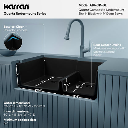 32-1/4" Undermount Double Offset Bowl Quartz Composite Kitchen Sink In Black