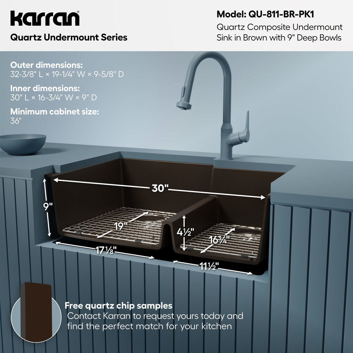 32" Undermount Double Offset Bowl Quartz Composite Kitchen Sink Kit In Brown