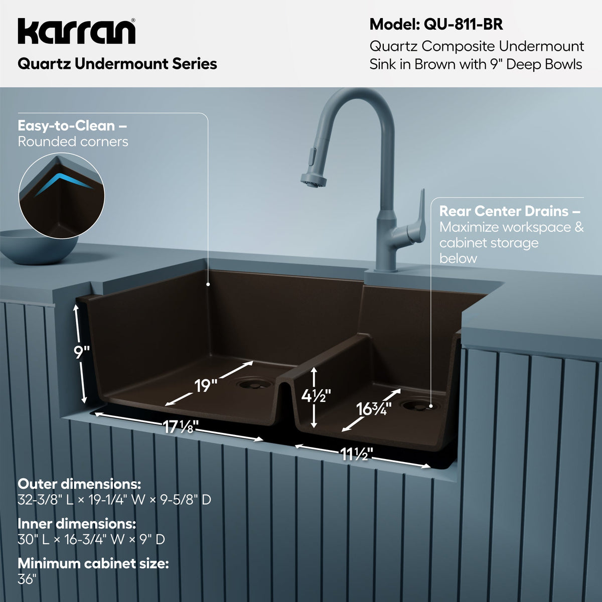 32-1/4" Undermount Double Offset Bowl Quartz Composite Kitchen Sink In Brown
