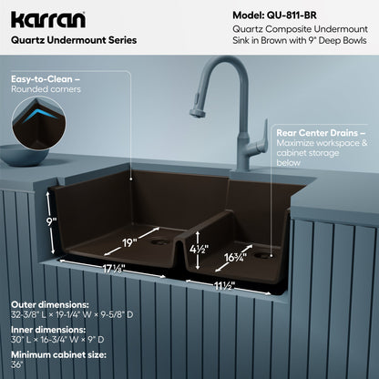 32-1/4" Undermount Double Offset Bowl Quartz Composite Kitchen Sink In Brown