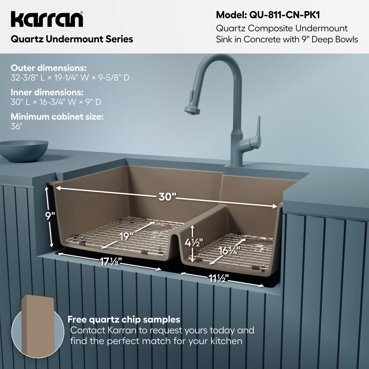 32" Undermount Double Offset Bowl Quartz Composite Kitchen Sink Kit In Concrete