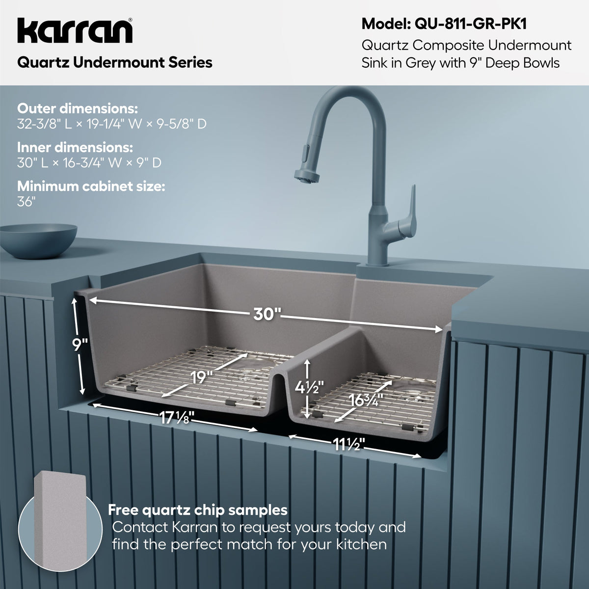 32" Undermount Double Offset Bowl Quartz Composite Kitchen Sink Kit In Grey