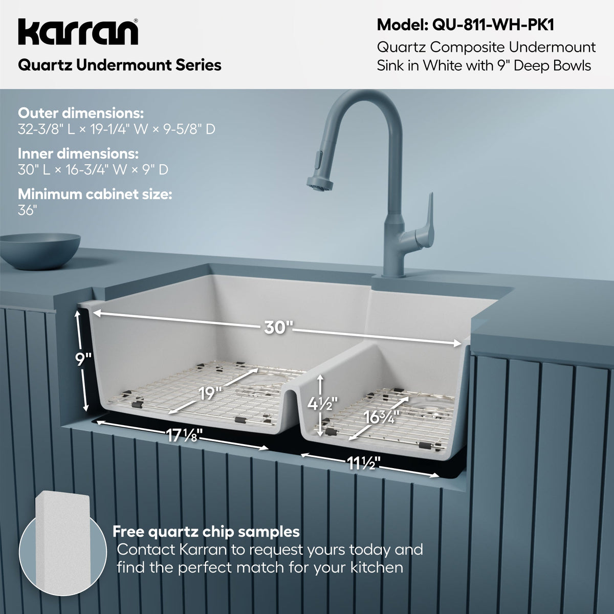 32" Undermount Double Offset Bowl Quartz Composite Kitchen Sink Kit In White
