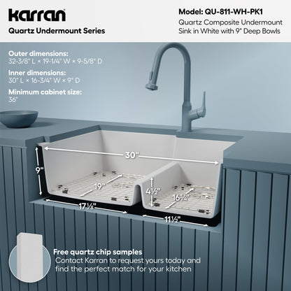 32" Undermount Double Offset Bowl Quartz Composite Kitchen Sink Kit In White
