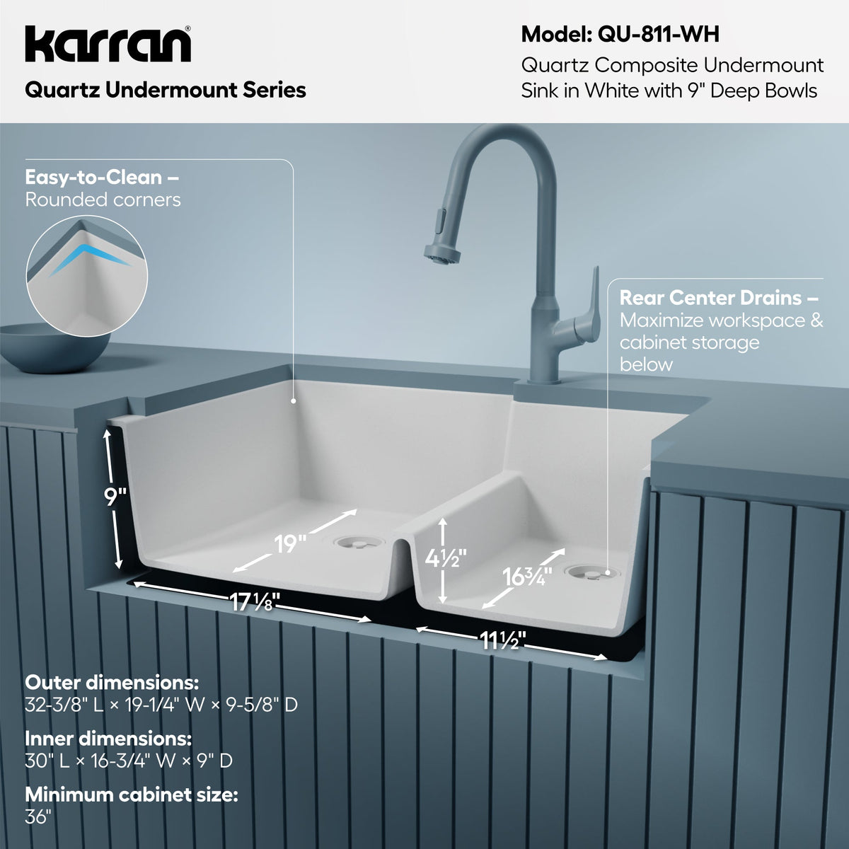 32-1/4" Undermount Double Offset Bowl Quartz Composite Kitchen Sink In White