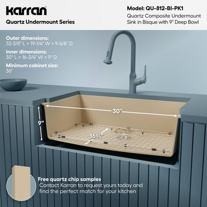 32-3/8" Undermount Large Single Bowl Quartz Composite Kitchen Sink Kit In Bisque