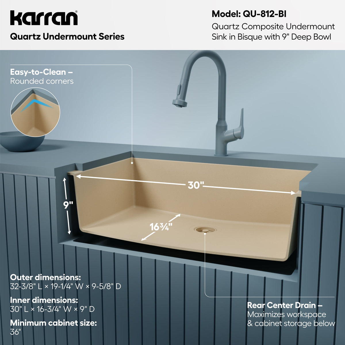 32-3/8" Undermount Large Single Bowl Quartz Composite Kitchen Sink In Bisque