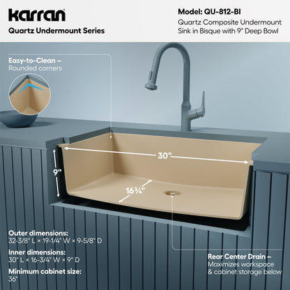 32-3/8" Undermount Large Single Bowl Quartz Composite Kitchen Sink In Bisque