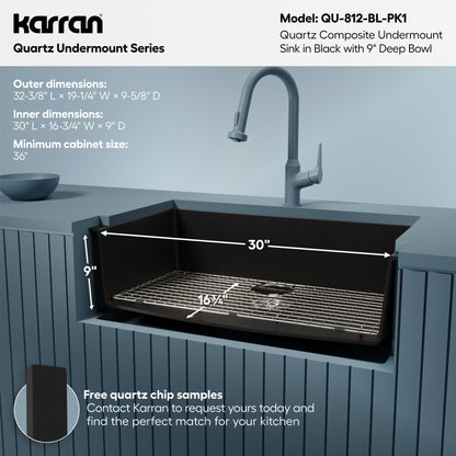32-3/8" Undermount Large Single Bowl Quartz Composite Kitchen Sink Kit In Black