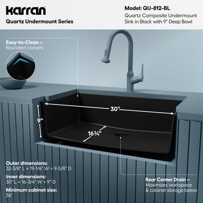 32-3/8" Undermount Large Single Bowl Quartz Composite Kitchen Sink In Black