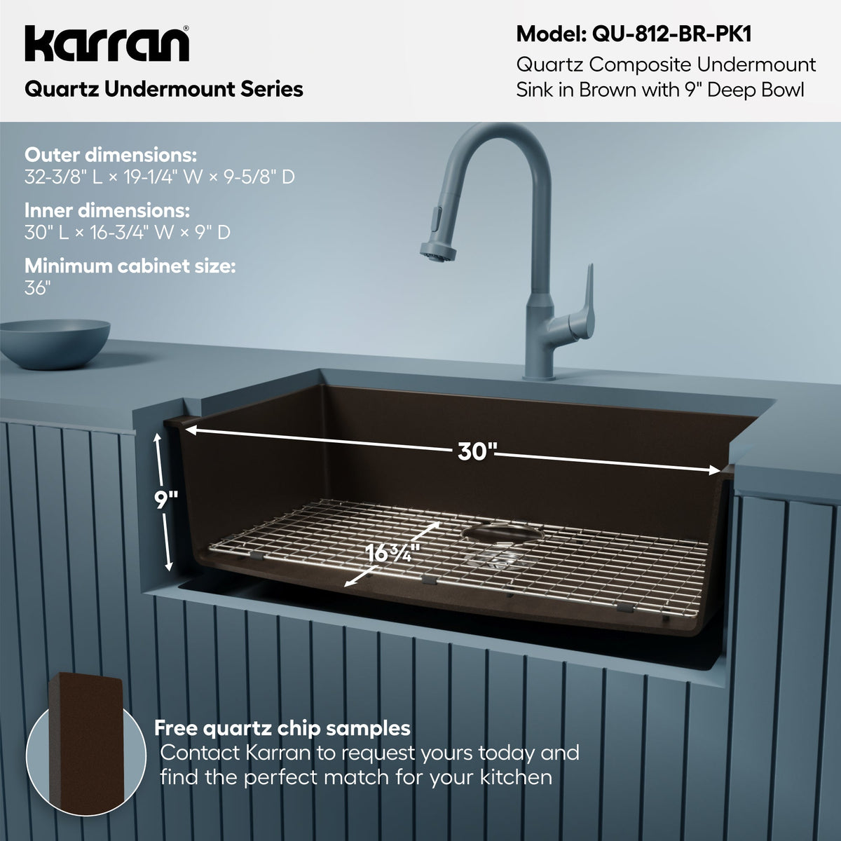 32-3/8" Undermount Large Single Bowl Quartz Composite Kitchen Sink Kit In Brown